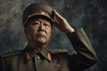 Portrait of a North Korean Military Leader Saluting in Uniform With a Serious Expression