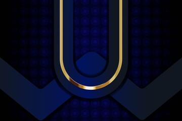 Abstract blue and gold geometric background with a pattern of circles.