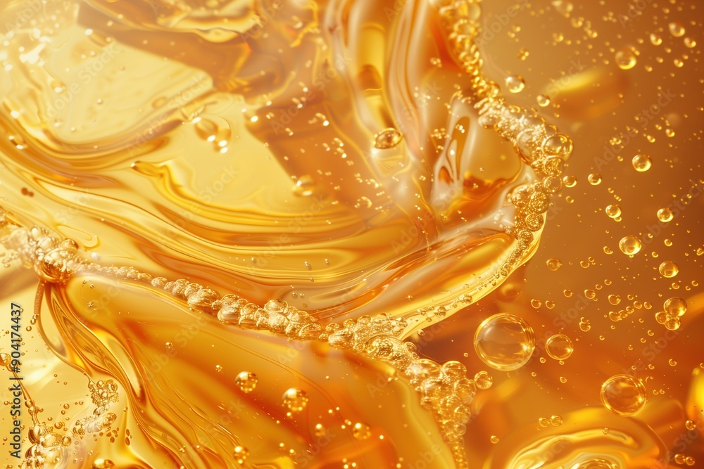 Wall mural golden liquid honey or syrup with bubbles abstract background