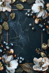 Obraz premium Elegant blank card with floral and berry border on dark textured background