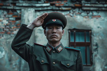 North Korean Soldier Saluting With Precision in Front of Deteriorating Building During Daylight