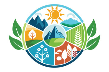 Circular Symbol Depicting Nature with Mountains, Sun, and Trees