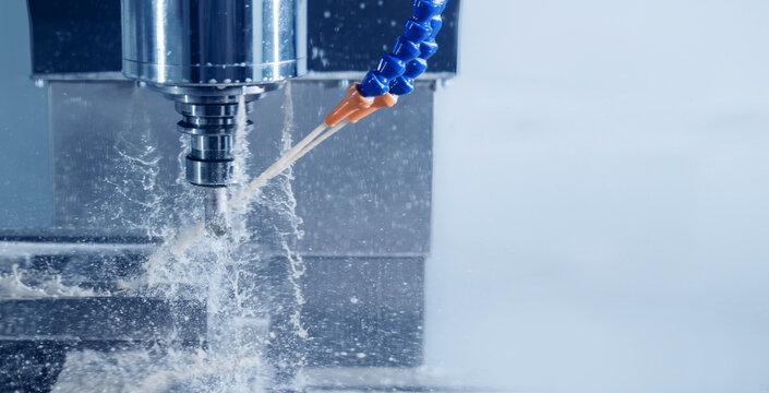 Banner CNC turning cutting metal Industry machine iron tools with splash cutting fluid water
