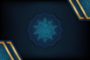 Abstract blue and gold geometric background with hexagonal pattern.