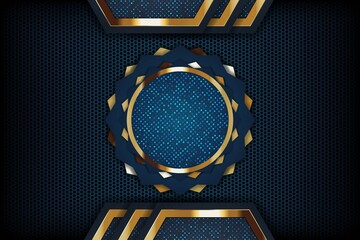 Abstract blue and gold geometric background with hexagonal pattern.