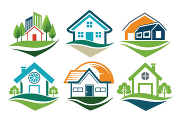 Six Colorful Stylized Houses with Trees and Grass