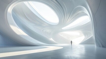 Futuristic minimalist architecture with a lone figure in a vast modern space, sleek and innovative design.