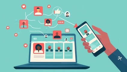 A digital illustration shows social media profile icons floating above an open laptop. 