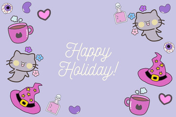 Halloween frame border ghost cat witchcraft. Happy Halloween party template poster