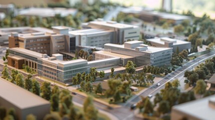 Generate a photo realistic image of a maquette illustrating the expansion of a healthcare campus with new medical facilities, research labs, and patient care units; ensure the image is of high 