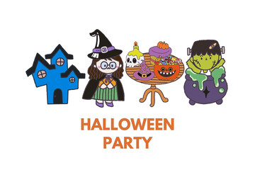 Happy Halloween kids in costumes design with funny character