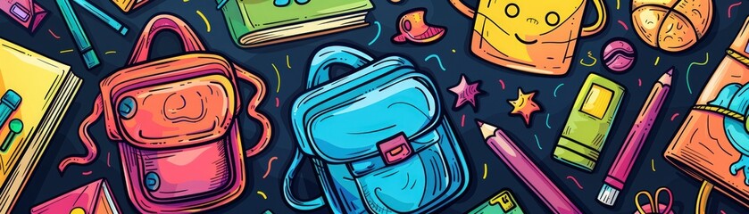 A colorful drawing of school supplies including backpacks, pencils, and books. Scene is playful and cheerful, with the bright colors and cartoonish style of the drawing