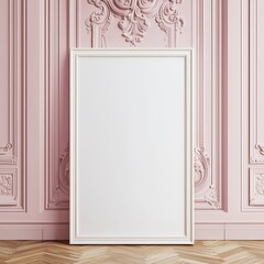 a blank empty wooden picture frame leaning again a pink ornate wall - art mockup template