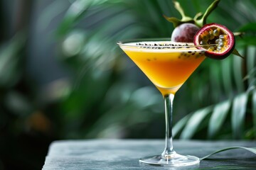 Exotic pornstar martini with passion fruit slice tangy tropical cocktail