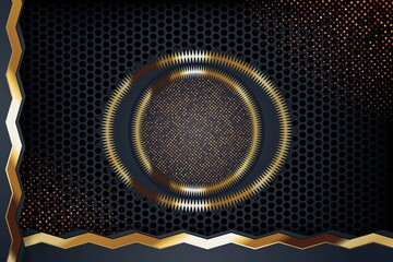 Abstract dark background with gold ring and dots.