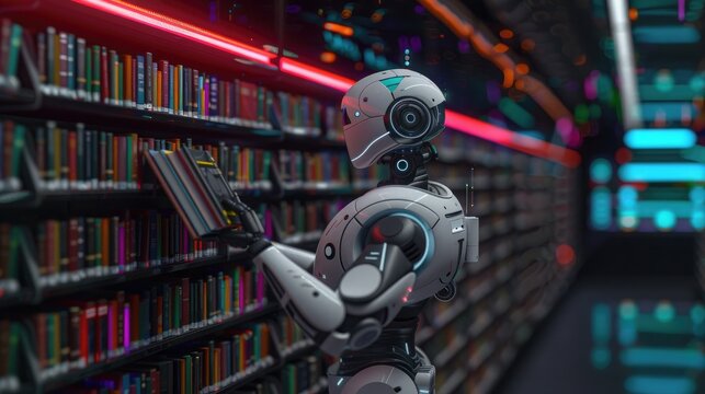 A robotic librarian managing and categorizing digital and physical books in a futuristic library.