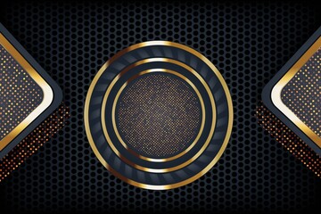 Abstract dark background with golden circular frame and black dots.