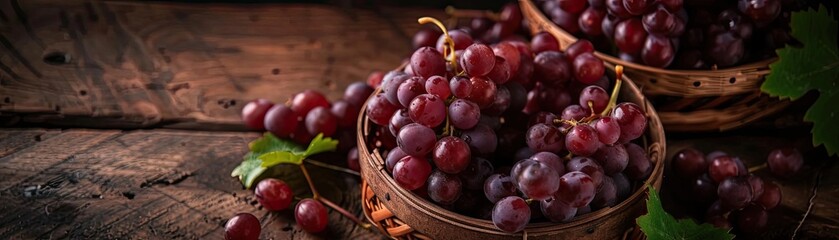 Fototapeta premium Basket filled with ripe red grapes on a rustic wooden table, perfect for agricultural, organic food, and health-related concepts.