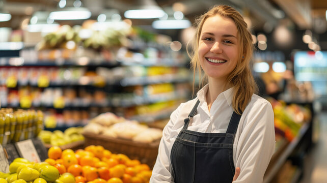 Gut gelaunte Frau mit blonden Haaren macht Ausbildung zur Einzelhandelskauffrau im Supermarkt