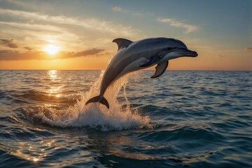 Fototapeta premium Dolphin Leaping Out of Water at Sunset