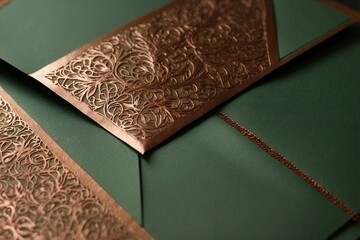 Fototapeta premium Green Envelope with Intricate Copper Details on Brown Background