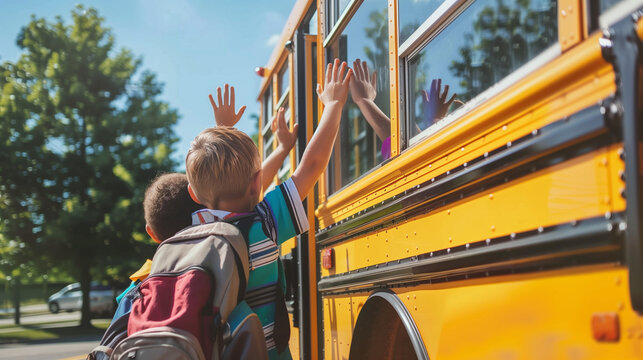 back to school Excited kids boarding a yellow school bus