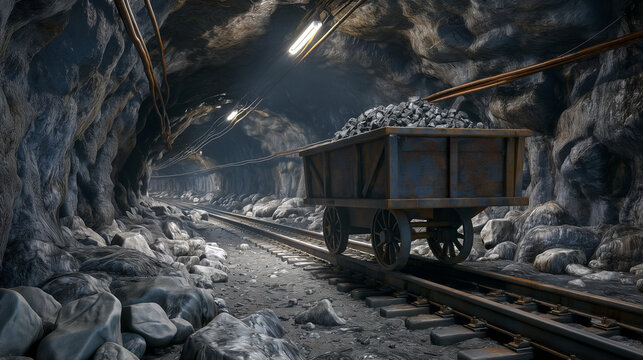 A silver mine tunnel with a mining cart on rails filled with shiny, glossy silver nuggets. refining of silver, prospecting concepts.