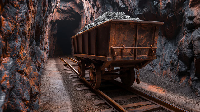A silver mine tunnel with a mining cart on rails filled with shiny, glossy silver nuggets. refining of silver, prospecting concepts.