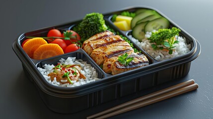 3D model of a bento-style lunchbox featuring rice, grilled chicken, and assorted vegetables, with a lid placed beside