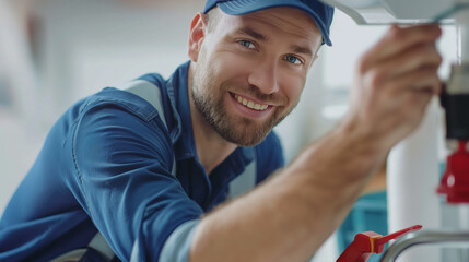 A smiling professional plumber man in blue overalls and cap fixing a water sink pipe in a kitchen or bathroom. Fix leaking sink, checking gauges, industrial plumbing, handyman concepts.	