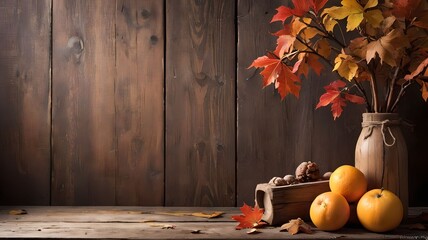 Autumn still life on rustic wooden background with