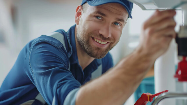 A smiling professional plumber man in blue overalls and cap fixing a water sink pipe in a kitchen or bathroom. Fix leaking sink, checking gauges, industrial plumbing, handyman concepts.	