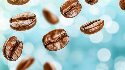 Obraz premium Coffee beans close up falling and pouring into the air with a blurred background