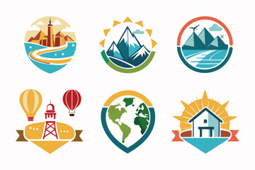 Colorful Circular Logos Depicting Travel Destinations and Activities