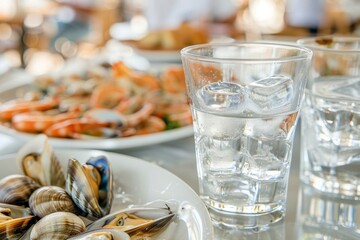 Alcoholic drinks with ice next to seafood on white dishes two glasses and various mollusks close up view