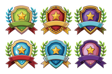 Six Colorful Cartoon Shields with Stars, Laurels, and Ribbons