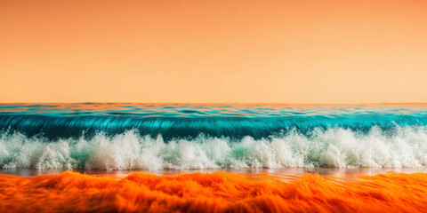 Vivid image depicts a wave crashing on the shore with an unusual color combination,turquoise sea and orange sand beach under a soft orange sky.Surreal colors create a dreamlike atmosphere.AI generated