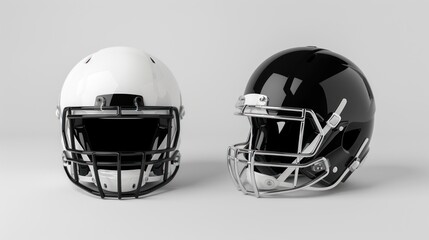 Fototapeta premium Two Football Helmets, White and Black, with Chrome Facemask