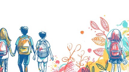 Obraz premium A group of children walking with backpacks and one of them has a backpack with a leaf on it