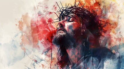 Digital Art of Jesus Christ with Crown of Thorns in Watercolor Style