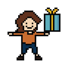 Cute pixel cartoon 8bit character woman give gift box birthday christmas bonus reward surprise decoration 8 bit female girl give gift box shopping bonus christmas day game png vector.