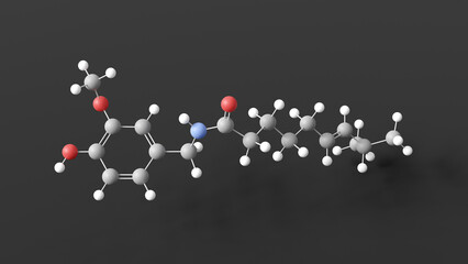 capsaicin molecule 3d, molecular structure, ball and stick model, structural chemical formula capsaicinoids