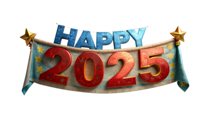Happy new year 2025 banner on transparent background