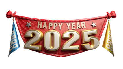 Happy new year 2025 banner on transparent background