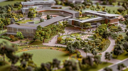 Generate a photo realistic image of a maquette depicting the expansion of a corporate campus with modern office complexes