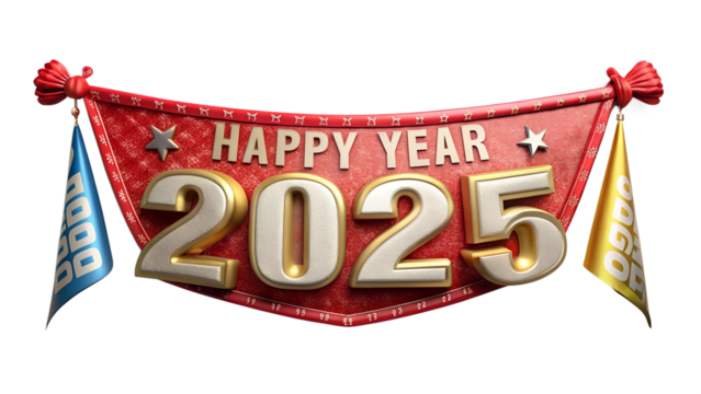 Happy new year 2025 banner on transparent background