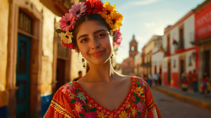 Fototapeta premium A young woman wearing traditional attire enjoys a vibrant fiesta in a sunny, historic Mexican street