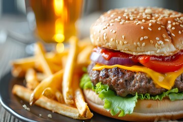 Delicious cheeseburger with fries, perfect for fast food advertisements and restaurant menus.