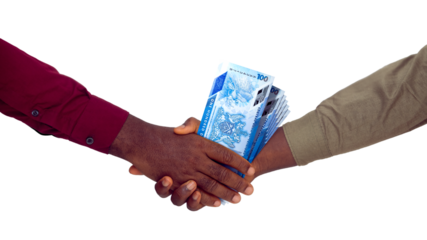 Two black hands in long sleeve shirts Shaking each other and Receiving Trinidad and Tobago Dollar notes over White Background
