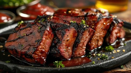 Deliciously grilled steak with a smoky glaze, served on a sizzling platter garnished with herbs.